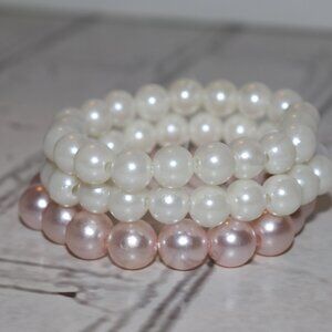 🌸 NWOT Pink & Cream Pearl Bracelet Set – 7" Elastic
